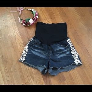 Maternity shorts-vintage wash crochet/denim shorts